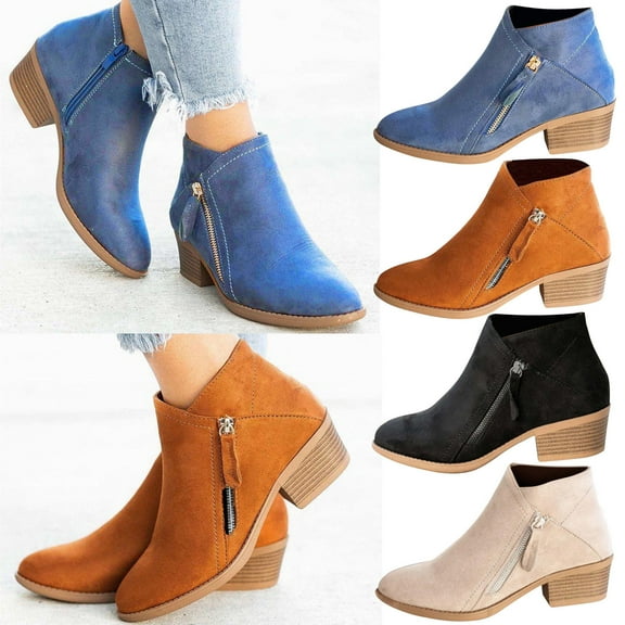 TKYCMSUAKI Rain Boots Women,Women's Western Ankle Boot V Cut Back Zipper Booties Pointed Toe Chunky Block Mid Heel Stacked Mid Heel Ankle Boots Cowboy Bootie