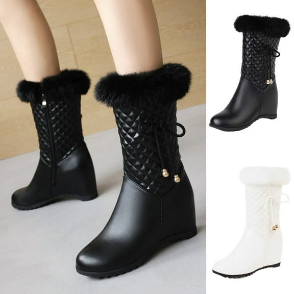 TKYCMSUAKI Rain Boots Women, Women's Winter Boots Warm Fur Mid Calf Snow Boots Fashion Wedge High Heels Platform Tassel Dress Shoes for Ladies
