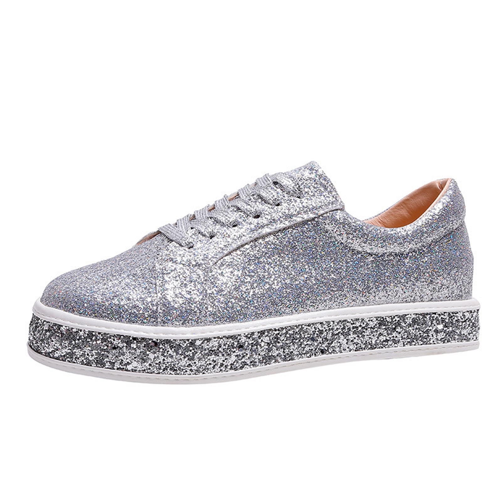 LUCKY STEP Women's Glitter Platform Sneakers - Sparkly Low-Top Tennis Shoes, Faux Leather, 1.7" Heel - View #8