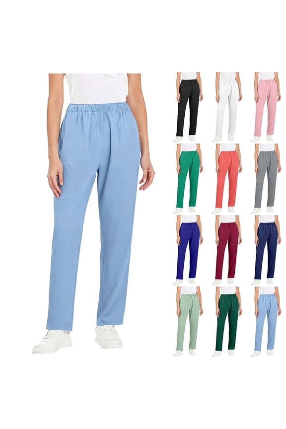 Scrubs Pants for Women Plus Size Stretch Waisted Uniform Workwear Comfy Solid Straight Leg Pant with Pocket