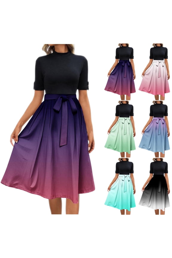 Summer Dresses for Women Trendy Gradient Color Midi Dress Short Sleeve Crewneck A Line Dress Casual Sundress
