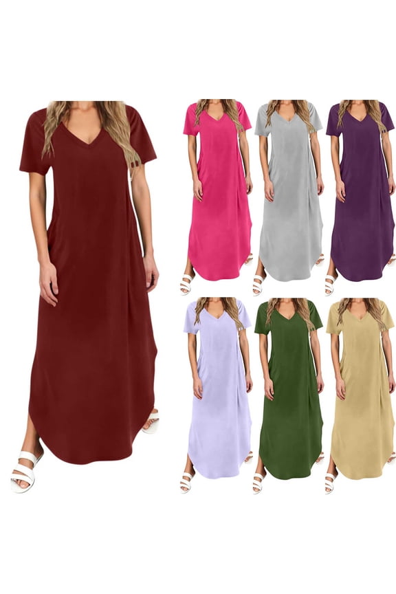 Summer Maxi Dresses for Women Short Sleeve V Neck Tshirt Dress Fashion Solid Color Long Dress Beach Vacation Sundress with Pockets