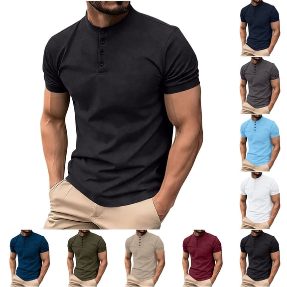 TKYCMSUAKI Summer Shirts for Men Short Sleeve Buttons Solid Henley Shirt Lightweight Sports T-Shirts Summer Gym Muscle Tee
