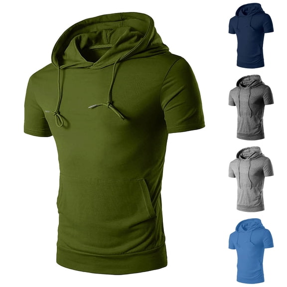 TKYCMSUAKI Summer Shirts for Men Short Sleeve Hoodie Pullover Tops Lightweight Slim Fit T-Shirts Drawstring Sweatshirt Muscle Shirts with Pocket
