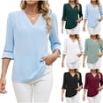 thumbnail image 1 of TKYCMSUAKI Summer Shirts for Women V Neck 3/4 Bell Sleeve T-Shirts Comfy Loose Fit Tunic Tops Lace Patchwork Pleated Blouses for Vacation, 1 of 8