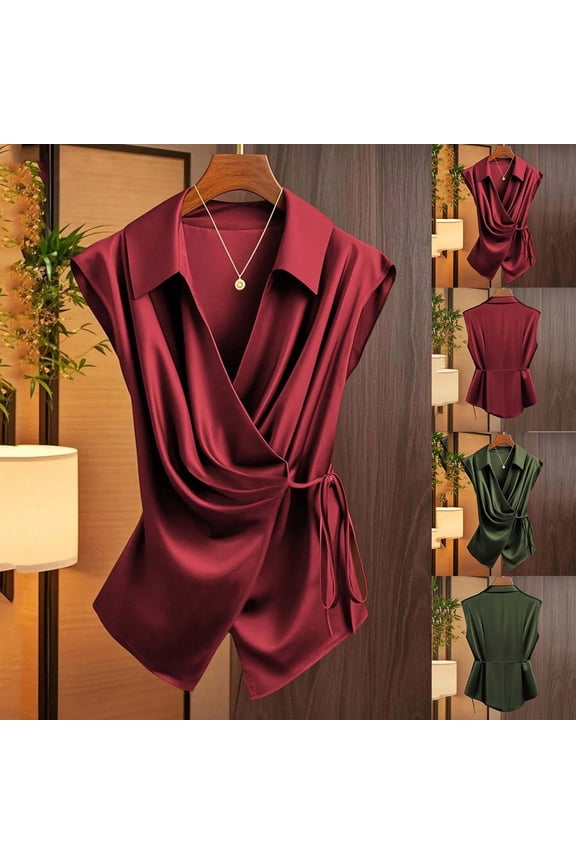 Tank Tops for Women Pleated Lapel Sleeveless Tie Side Shirts Satin Solid Color Loose Fit Tunic Top Summer Casual Blouses for Party