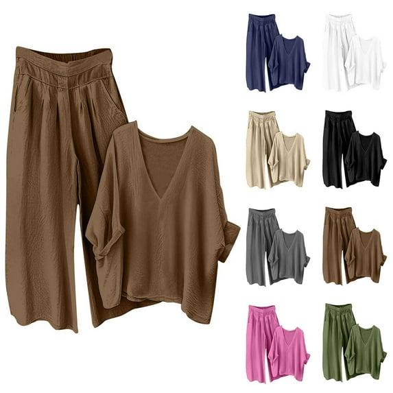 TKYCMSUAKI Two Piece Cotton Linen Sets for Women Textured V Neck Shirts Matching Pleated Wide Leg Pants Outdoor Vacation Solid Outfits