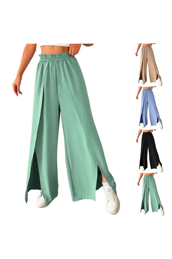 Wide Leg Pants for Women Ruched High Waist Split Hem Casual Trousers Trendy Solid Color Sweatpants