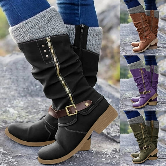 TKYCMSUAKI Women's Ankle Boots & Booties,Cowboy Boots for Women Square Toe Women Cowgirl Knee High Platform Boots Retro Wide Calf Round Toe Vintage Boots Winter Pull On Boots