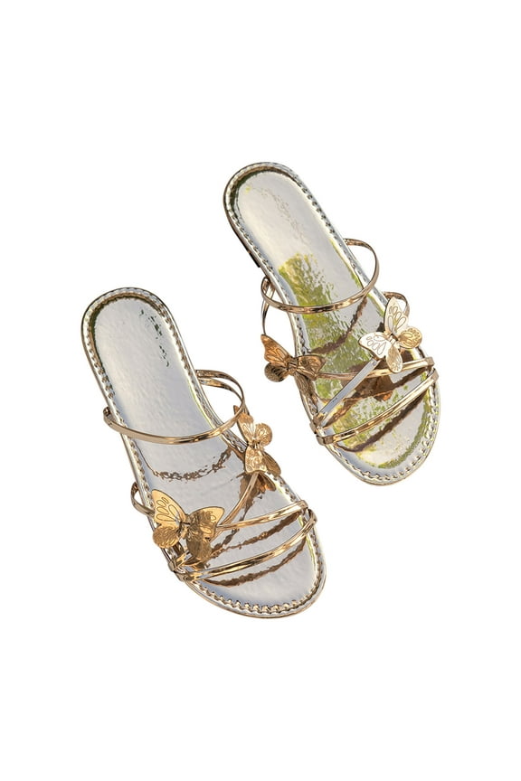 Women's Butterfly Rhinestone Sandals Dressy Metallic Sparkly Strappy Slip on Slide Flats Sandal Flip Flops Bohemia Sandals Beach Slippers