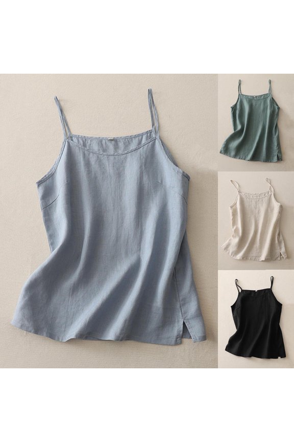 Women's Cotton Linen Camisoles Textured Spaghetti Straps Sleeveless Tank Tops Loose Fit Solid Color Blouses Summer Casual Tee