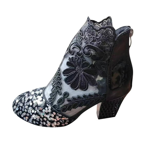 TKYCMSUAKI Women's Flowers Lace Pumps Platform Sexy Closed Toe Sandals with Back Zipper Cutout Breathable Non-Slip Block Heeled Ankle Bootie Sandals Fashion Wedding Party Dress Shoes