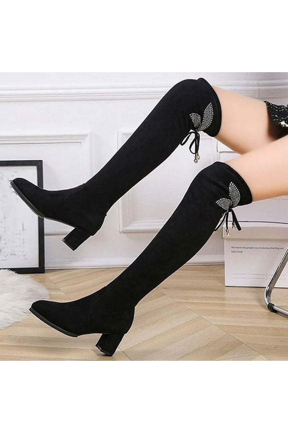 Women's Knee-High Boots,Boots for Womens Over The Knee Patform Chunky Heel Stretch Long Fall Y2K Gogo Boots Fashion Pointed Toe Boots Low Block Heel Booties