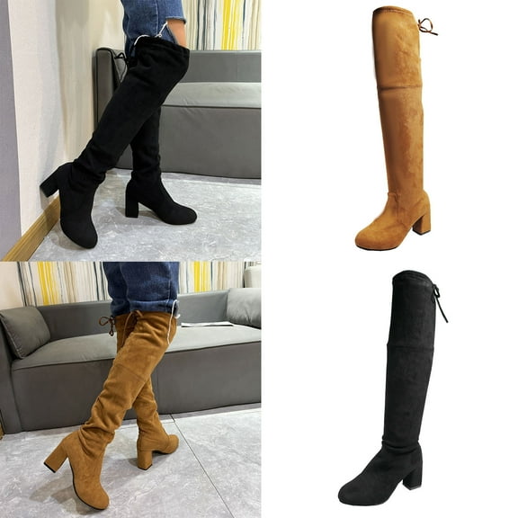 TKYCMSUAKI Women's Knee-High Boots,Womens Faux Suede Knee High Boots Side Zipper Chunky Heel Winter Boots Pointed Toe Stretch Knee High Pull On Fall Weather Winter Boots