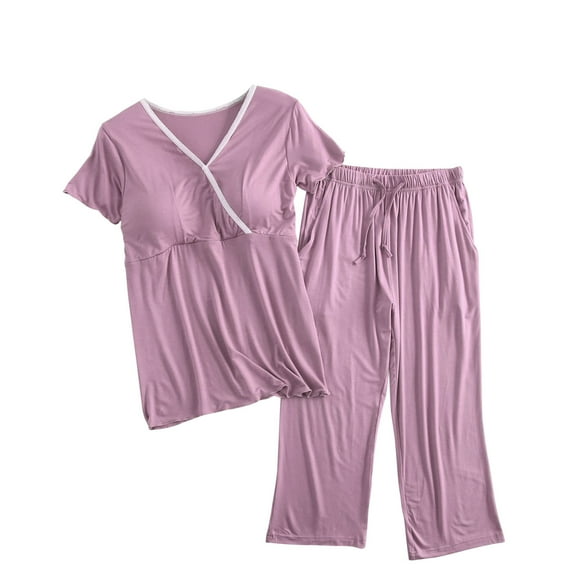 TKYCMSUAKI Women's Maternity Nursing Pajamas Set Breastfeeding Sleepwear Double Layer Short Sleeve Top & Shorts Pregnancy PJS