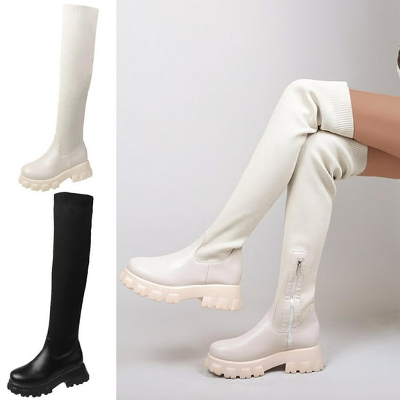 TKYCMSUAKI Women's Mid-Calf Boots,Knee High Boots for Women Gogo Boots 70s Boots,Leather Square Toe Chunky Knee High Platform Dress Boots, Fashion Long Chunky Tall Gogo Boots for Fall