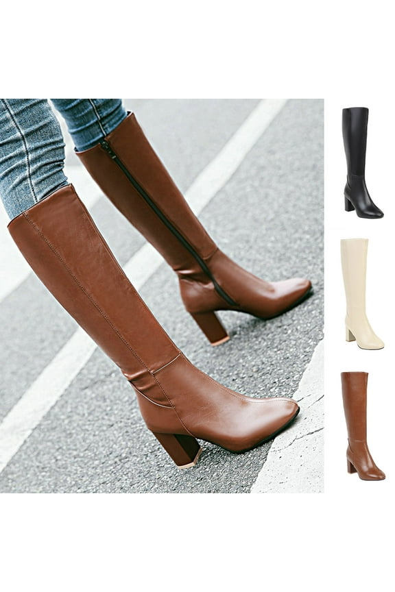 Women's Over-The-Knee Boots,Knee High Boots for Women Gogo Boots 70s Boots,Leather Pointed Toe Chunky Knee High Platform Dress Boots, Fashion Long Chunky Tall Gogo Boots for Fall
