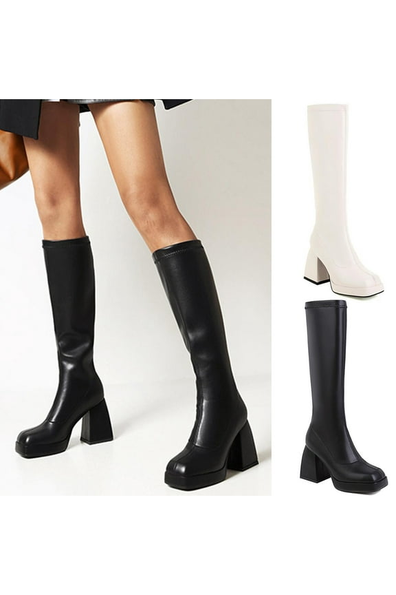 Women's Over-The-Knee Boots,Knee High Boots for Women Gogo Boots 70s Boots,Leather Square Toe Chunky Knee High Platform Dress Boots, Fashion Long Chunky Tall Gogo Boots for Fall