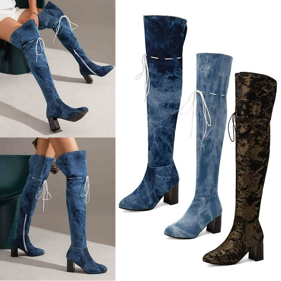 TKYCMSUAKI Women's Over-The-Knee Boots,Long Boot for Womens Over The Knee Cowboy Boots Long Stretch Boots Blocked Heel Pointed Toe Pull On Fall Weather Winter Boots Western Lace Boots