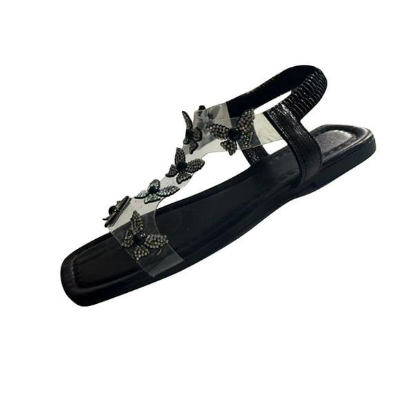 TKYCMSUAKI Women's Pearl Flat Sandals,Open Toe Flat Sandals Clear Studded Jeweled Sandals Slip on Open Toe Cute Flat Sandals for Summer Beach Sandals