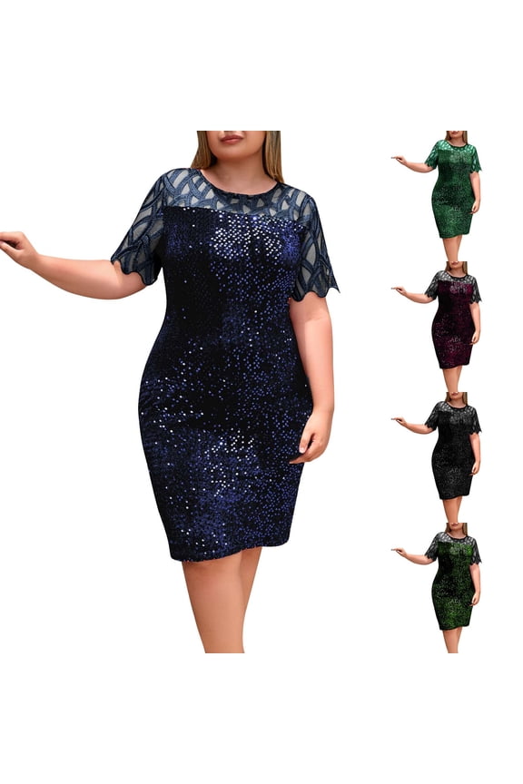 Women's Plus Size Sequin Dresses Trendy Short Sleeve Mesh Midi Dress Solid Color Sundress Wedding Guest Cocktail Dresses