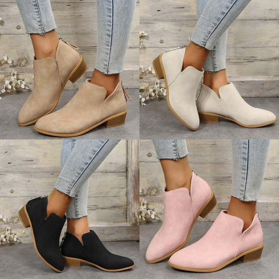 TKYCMSUAKI Women's Snow Boots,Women's Ankle Boots Slip on V Cutout Pointed Toe Chunky Stacked Low Heel Booties