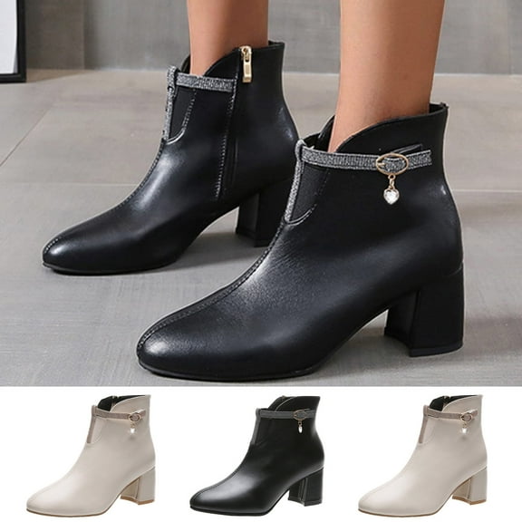 TKYCMSUAKI Women's Snow Boots,Women's Rhinestone Ankle Boots Chunky Heel Zipper Short Booties V Cut Zipper Faux Leather Pointed Toe Sparkly Stacked Mid Heel Booties