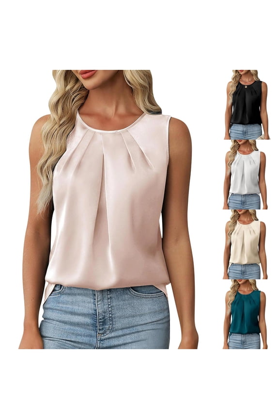 Women's Tank Tops Pleated Crewneck Sleeveless Shirts Satin Solid Color Loose Fit Tunic Top Summer Comfy Basic Blouses