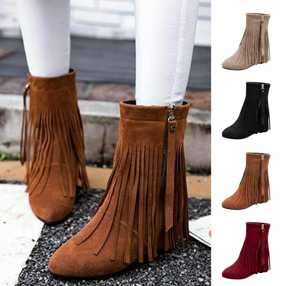 TKYCMSUAKI Women's Western Tassel Cowboys Ankle Boots, Retro Fringe Pointy Toe Chunky Low Heel Cowgirls Ankle Booties Mid Calf Riding Boots Retro Wide Calf Ankle Booties Short Boots Winter Shoes