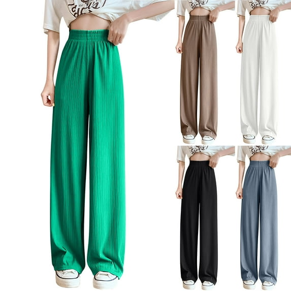 TKYCMSUAKI Women's Wide Leg Pants Textured Comfy High Waist Sweatpants Loose Fit Solid Color Straight Casual Trousers