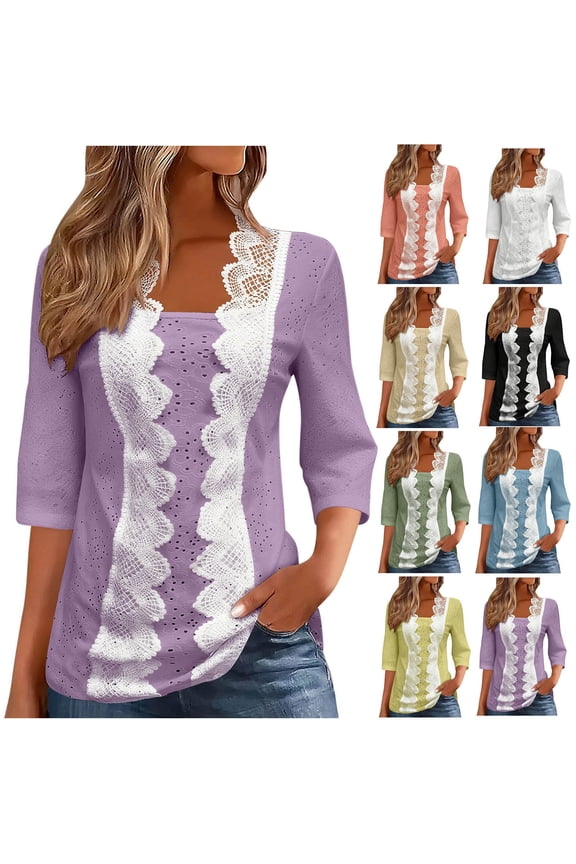 Womens 3/4 Sleeve Shirts Plus Size Lace Scallop Embroidery Blouses Trendy Eyelet Solid T-Shirts Spring Summer Pullover Tops