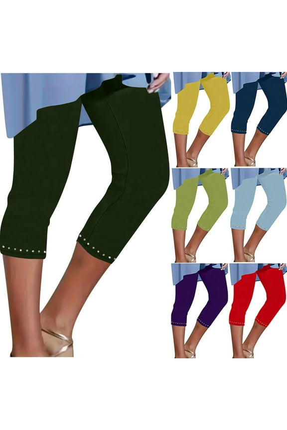 Womens Capri Pants Plus Size Stretch High Waisted Leggings Rhinestone Trim Solid Color Yoga Pant Casual Comfy Joggers Trousers