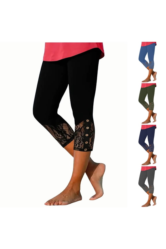 Womens Capris Pants High Waisted Stretchy Cropped Sweatpants Comfy Slim Fit Solid Color Leggings Summer Casual Lace Yoga Pant