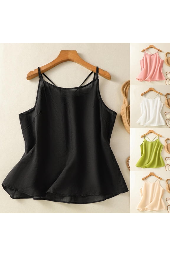 Womens Cotton Linen Camisoles Sleeveless Textured Solid Color Shirts Criss Cross Spaghetti Straps Tank Tops Summer Casual Basic Tee