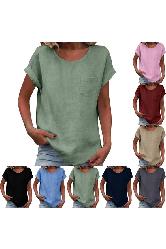Womens Cotton Linen Shirts Textured Short Sleeve T-Shirts Crewneck Solid Color Blouses Summer Casual Loose Fit Basic Tees