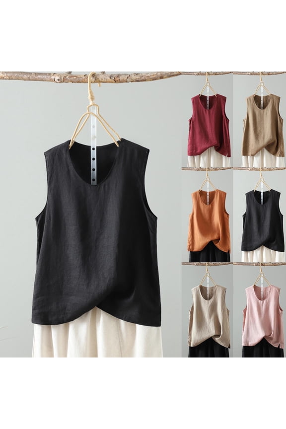 Womens Cotton Linen Tank Tops Round Neck Sleeveless Solid Shirts Trendy Textured Side Slit T-Shirts Summer Casual Pullover Tee