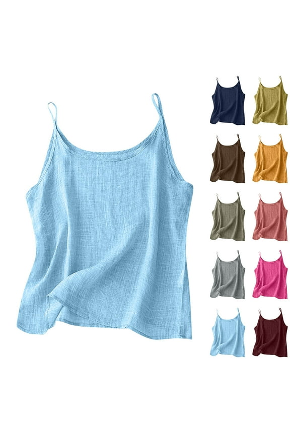 Womens Cotton Linen Tank Tops Spaghetti Straps Solid Color Camisoles Loose Fit Crewneck Sleeveless Shirts Summer Casual Tee
