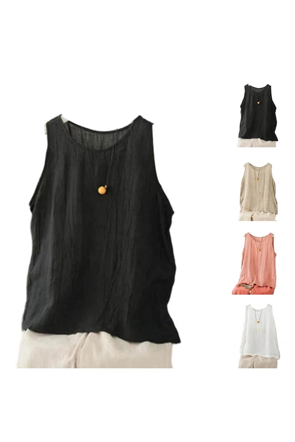 Womens Cotton Linen Tank Tops Textured Crewneck Sleeveless Shirts Loose Fit Solid Color T-Shirts Summer Oversized Casual Tee