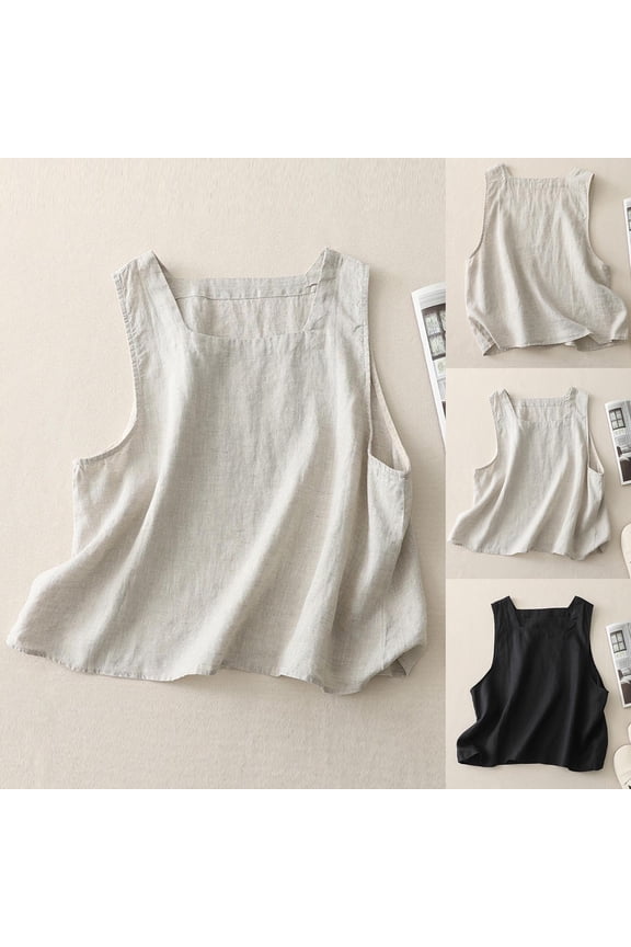 Womens Cotton Linen Tank Tops Trendy Square Neck Sleeveless Shirts Solid Color Textured Casual Blouses Summer Basic Tee