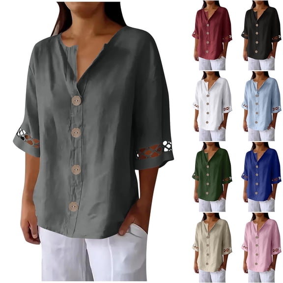 TKYCMSUAKI Womens Cotton Linen Tops Eyelet 3/4 Sleeve Button Down Blouses Casual Lace Solid T-Shirts Spring Summer Comfy Shirts