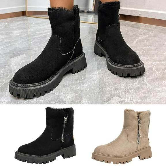 TKYCMSUAKI Womens Cowboy Boots,Mid-Calf Boots for Women Zipper Up Winter Plush Boots Comfortable Slip On Mid Chunky Heel Suede Warm Snow Ankle Boots Outdoor Shoes
