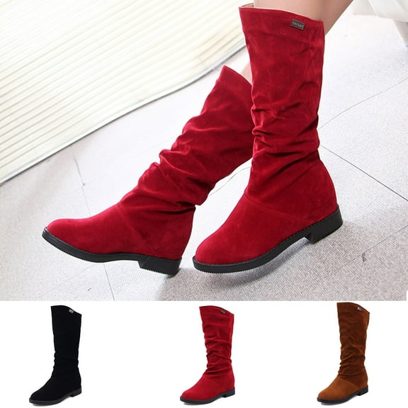 TKYCMSUAKI Womens Cowboy Boots,Womens Faux Suede Knee High Boots Side Zipper Flat Low Heel Boot Shoes Pointed Toe Stretch Knee High Pull On Fall Weather Winter Boots
