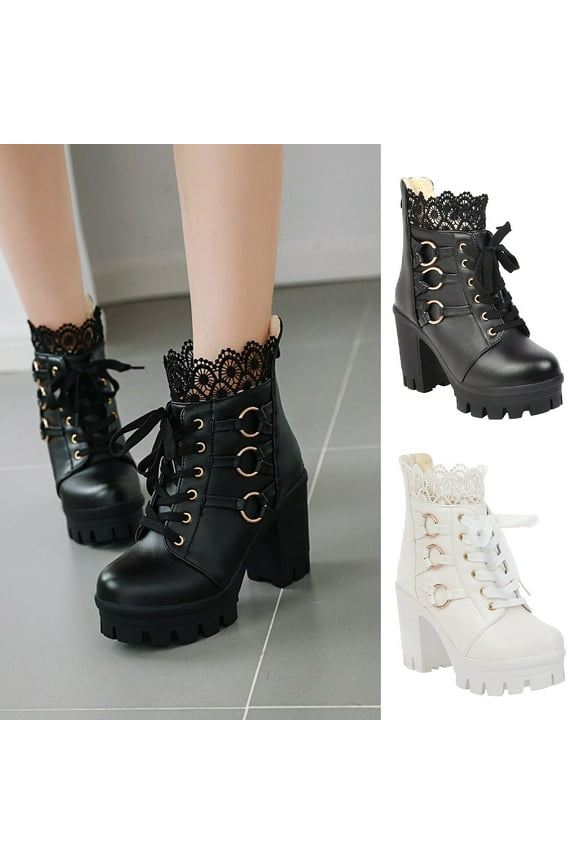 Womens Hiking Boots,Women Lace Booties Wedding Chunky Heel Ankle Boots Witch Costume Boots Mid Heel