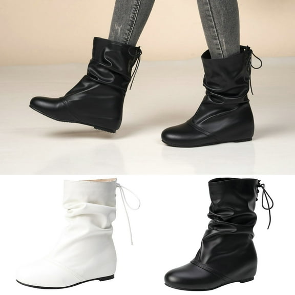 TKYCMSUAKI Womens Hiking Boots,Women's Slouchy Mid Calf Boots Lace up Flat Boots Pull On Fall Weather Winter Boots