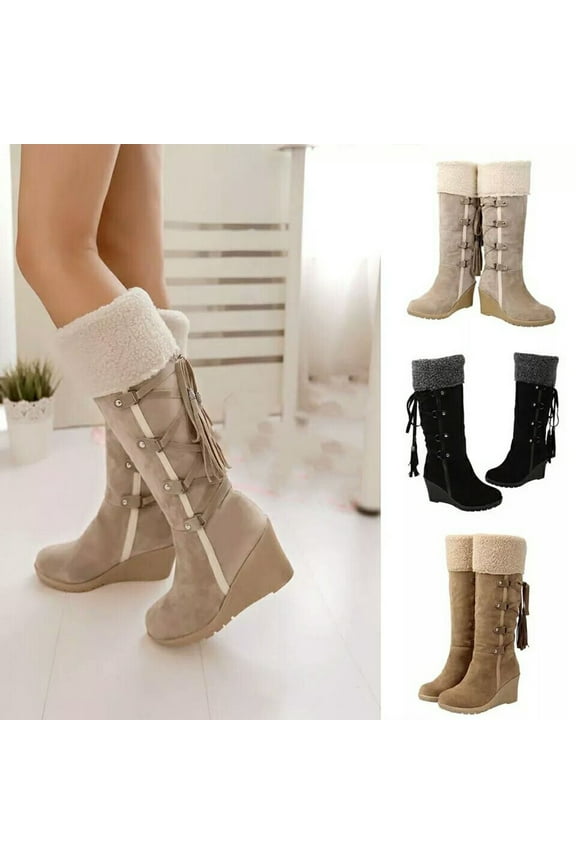 Womens Hiking Boots, Women's Wedge Boots Winter Snow Boots with Fur Liner Wide Calf Cowgirl Slip On Western Boots Knee High Shoes