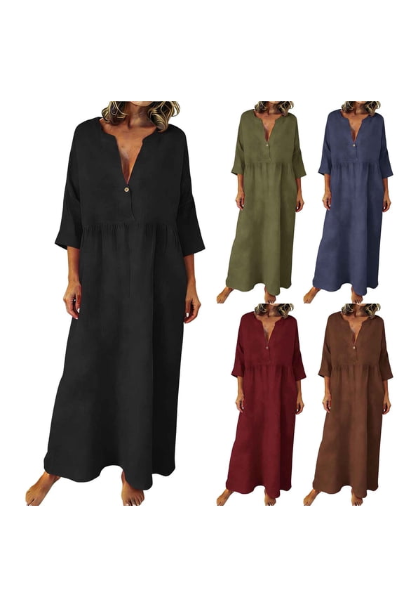 Womens Linen Dresses Loose Fit Solid Color Maxi Dress Textured 3/4 Sleeve V Neck T Shirt Dress Summer Beach Vacation Sundress