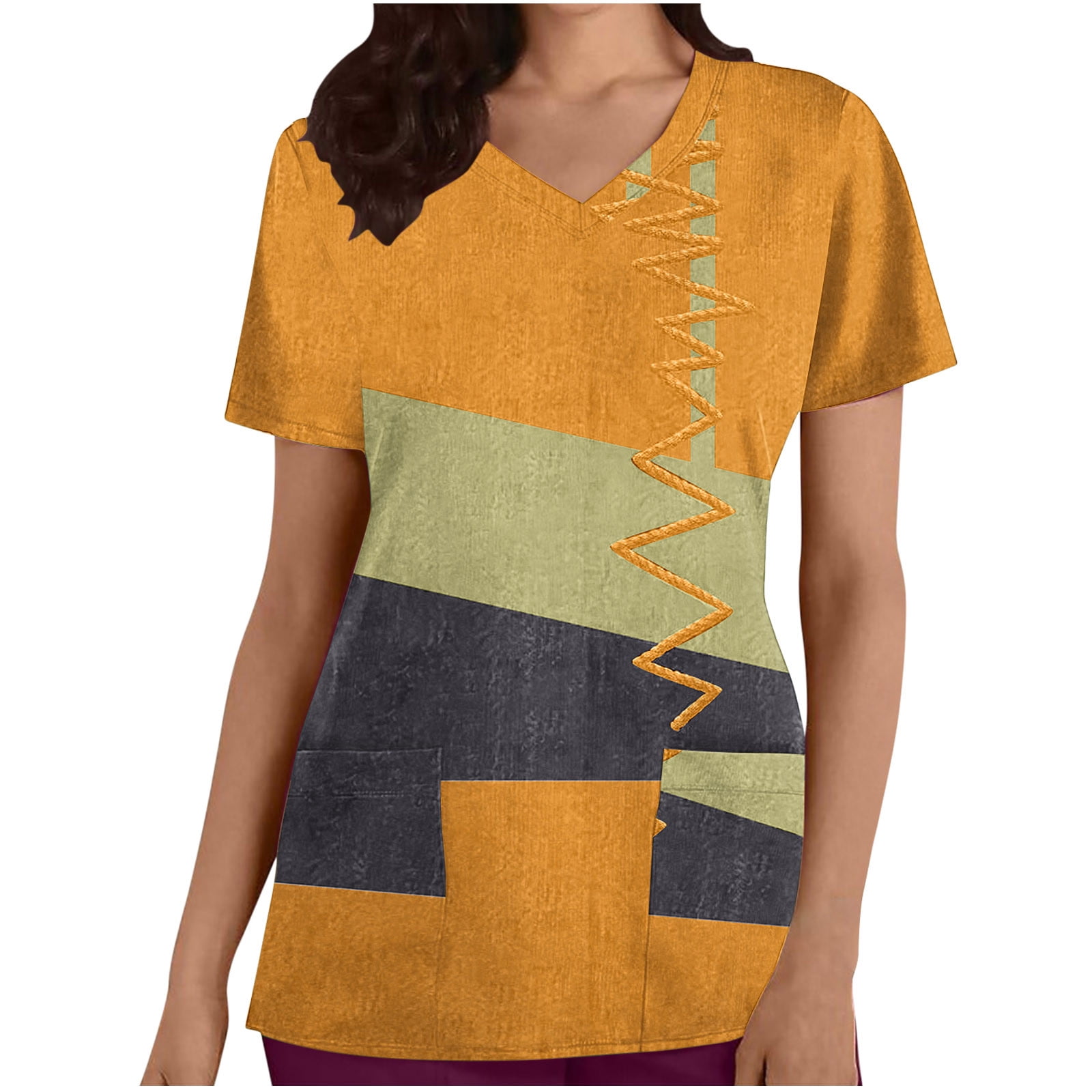 TKYCMSUAKI Womens Nursing Scrub Tops Color Block Print Short Sleeve