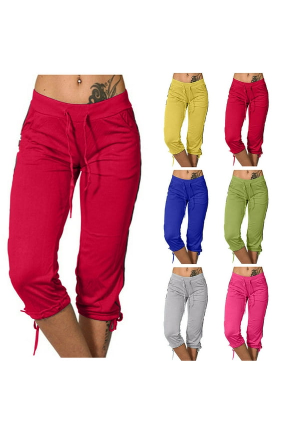 Womens Plus Size Capri Pants Drawstring Elastic Waisted Workout Joggers Pant Casual Loose Solid Color Cropped Trousers with Pocket