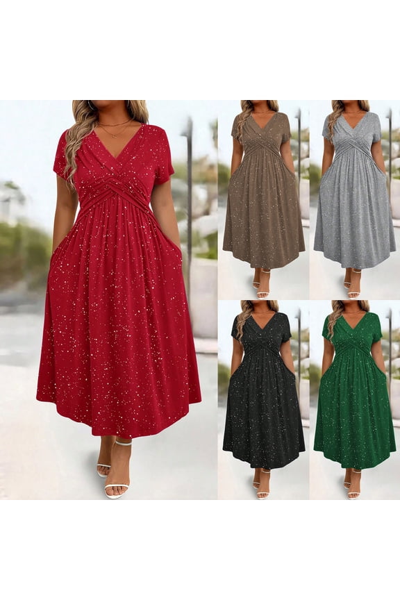 Womens Plus Size Dresses V Neck Short Sleeve Maxi Dress Sequin High Waist Solid Long Dress Summer Casual Sundress with Pockets