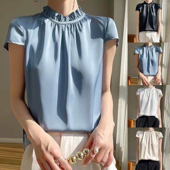 TKYCMSUAKI Womens Plus Size Shirts Ruffle Collar Short Sleeve T-Shirts Loose Fit Solid Color Tunic Top Summer Comfy Casual Basic Tee